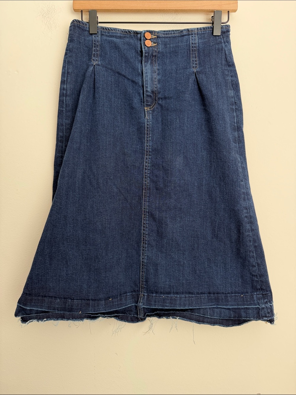 Wash Lab Denim A-Line raw hem Midi Skirt 27" dark blue pleated distressed